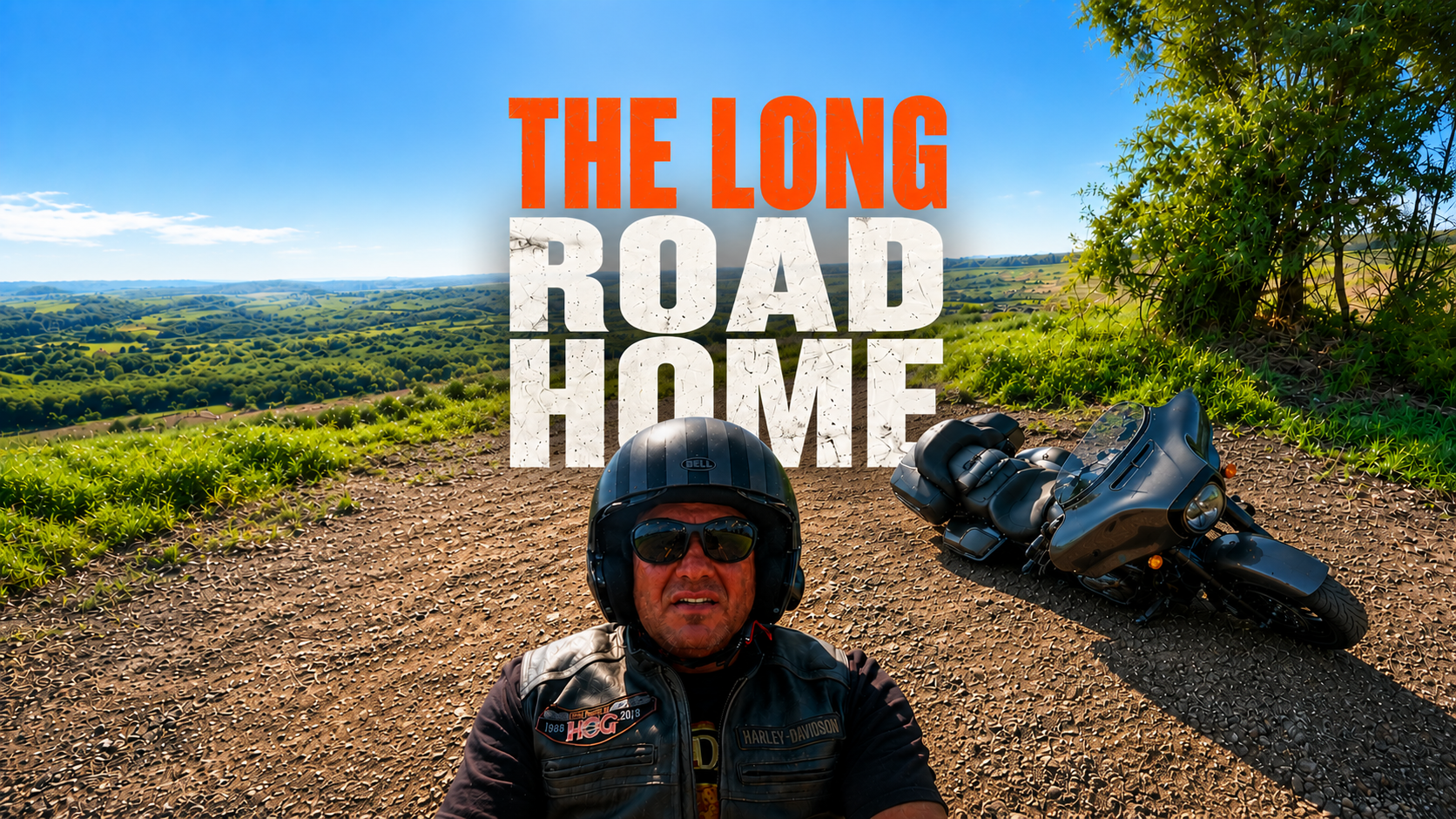 View of a motorcycle riding on an open road during sunset, capturing the side and engine details with a scenic landscape of trees and clouds in the background.
