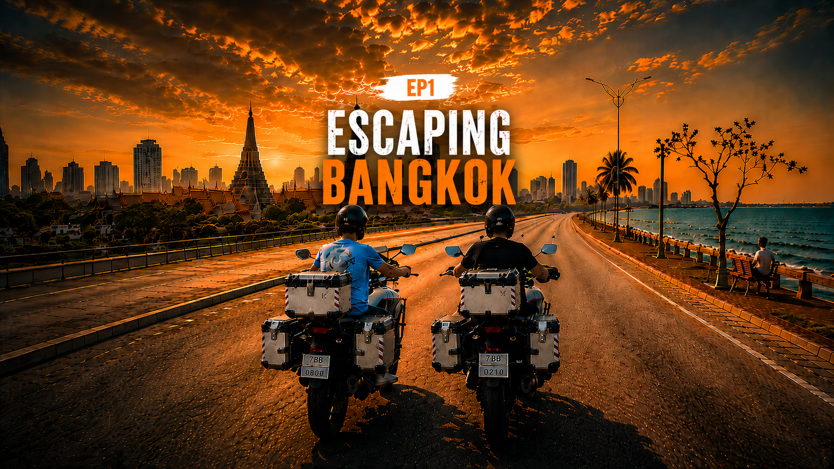Two motorcyclists riding down an empty highway beside the ocean. Bangkok skyline in the horizon