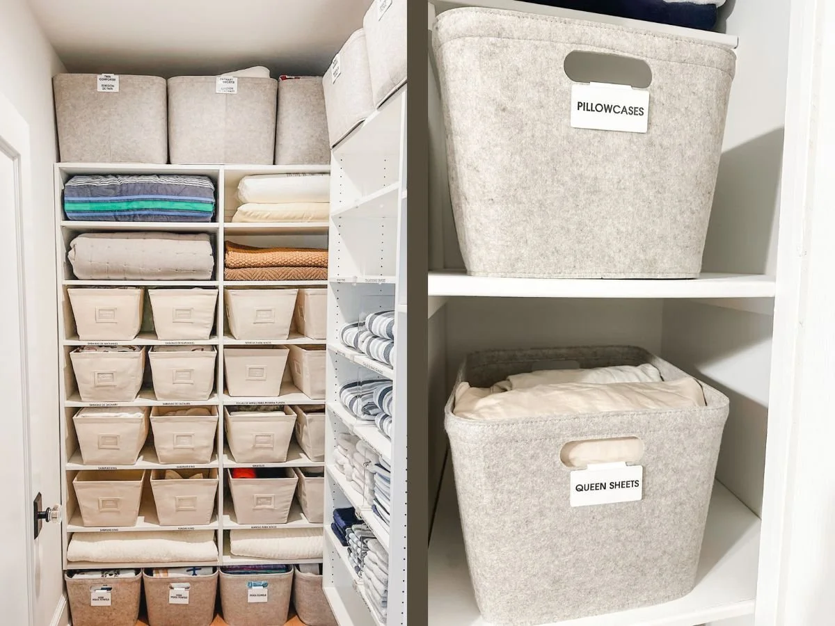 Organized linen storage shows how to unpack and organize after moving with labeled bins, sheets, blankets, and towels.