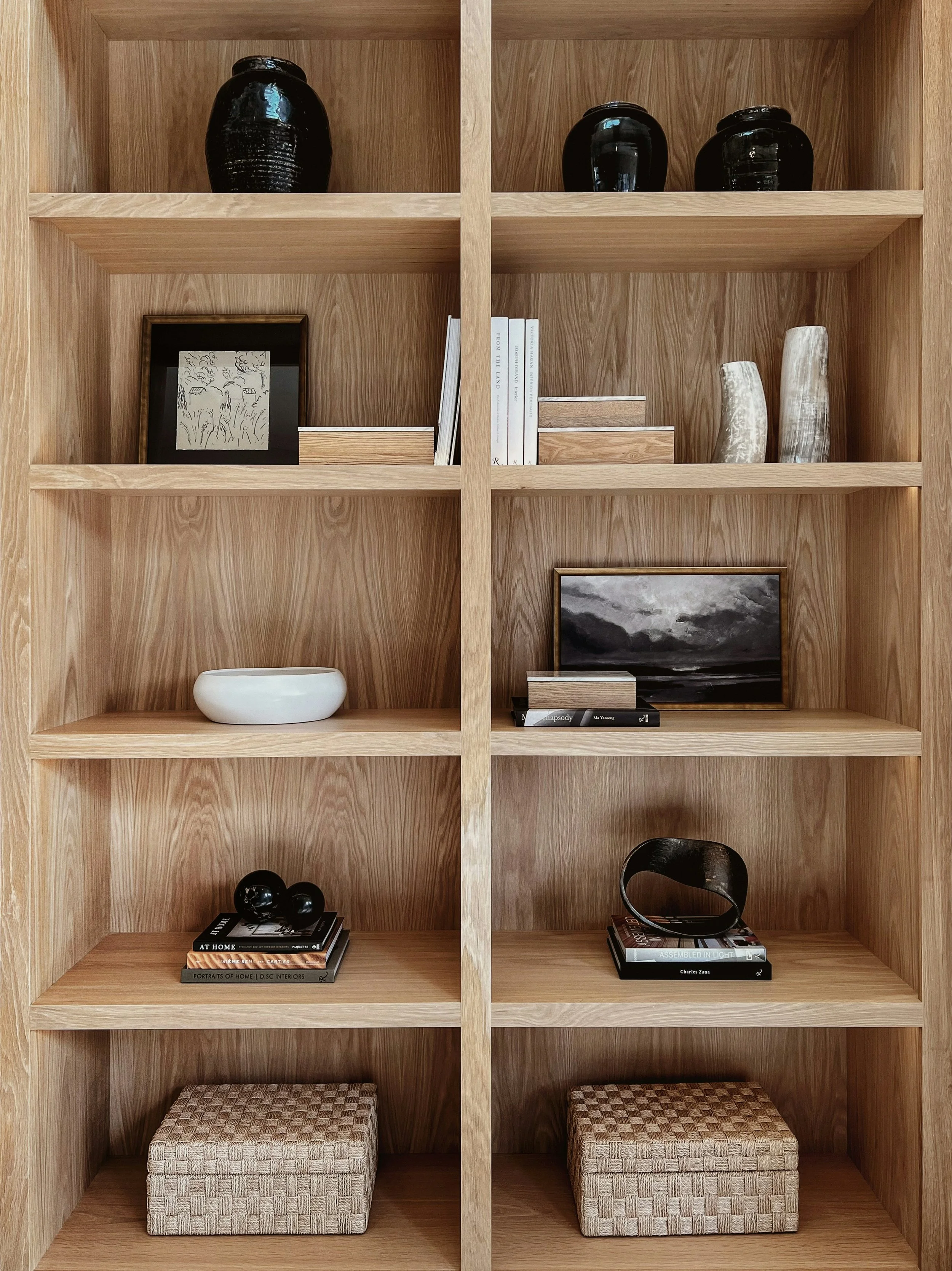 Calm, organized living space with simple storage systems