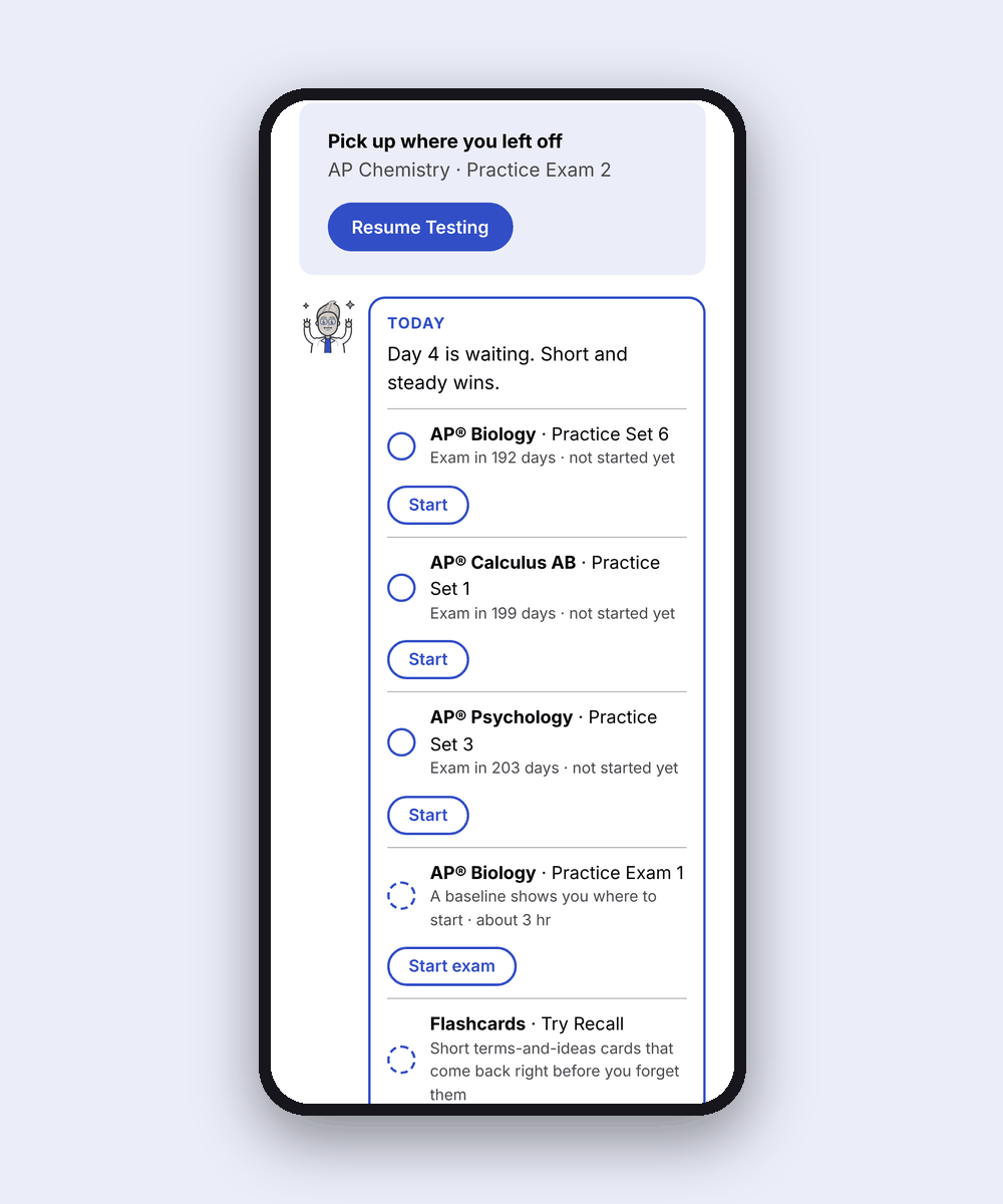 APrep's Today page on a phone: a Resume Testing button for AP Chemistry Practice Exam 2, then a list of practice sets, a practice exam and flashcards.