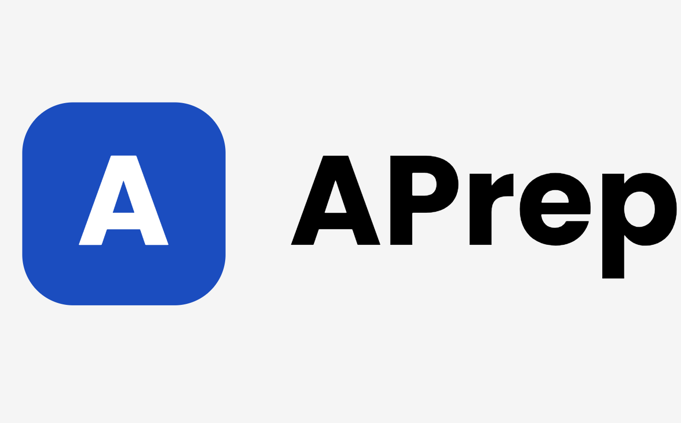 Aprep logo with a white letter A inside a blue rounded square and black Aprep text