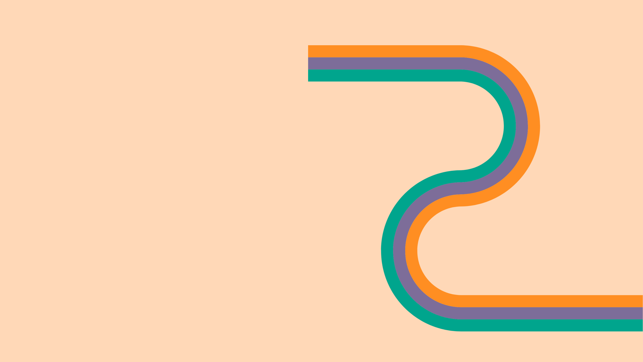 Colorful abstract design with curved lines in teal, purple, orange, and dark blue on a peach background.