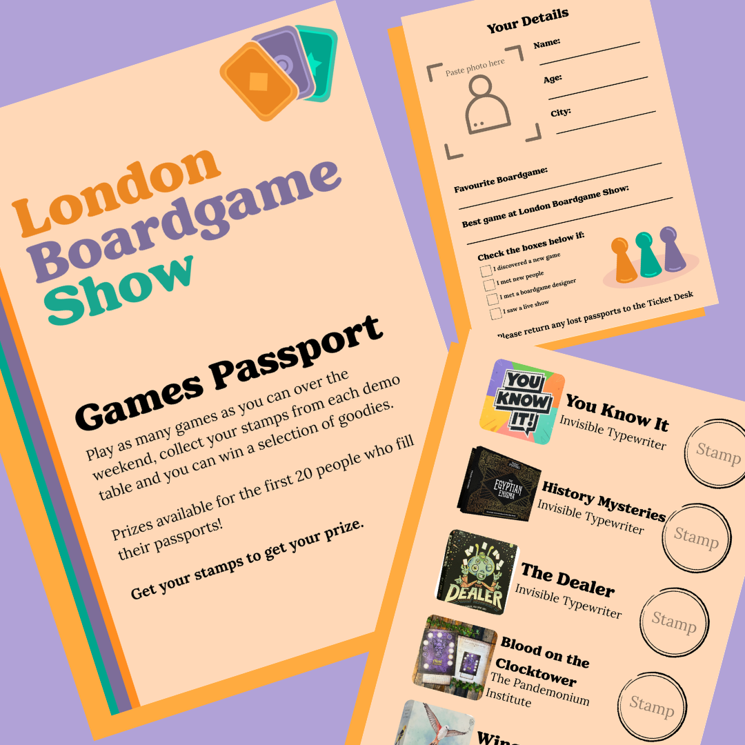 A colorful flyer for the London Boardgame Show, mentioning game passports for collecting stamps and winning prizes, alongside a registration form and a list of games with stamp spaces.