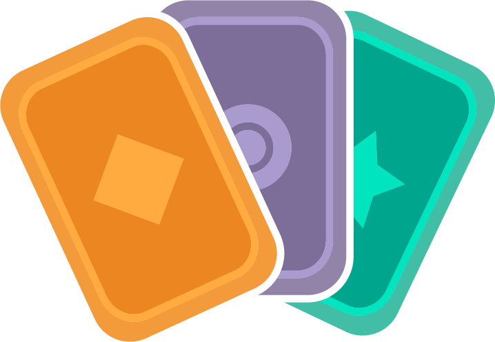 Three colorful playing cards fanned out, with one orange, one purple, and one teal, each featuring a symbol in the center.