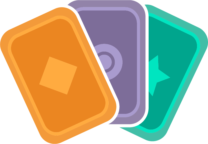 Three colorful playing cards in orange, purple, and teal, showing simple geometric and star symbols.