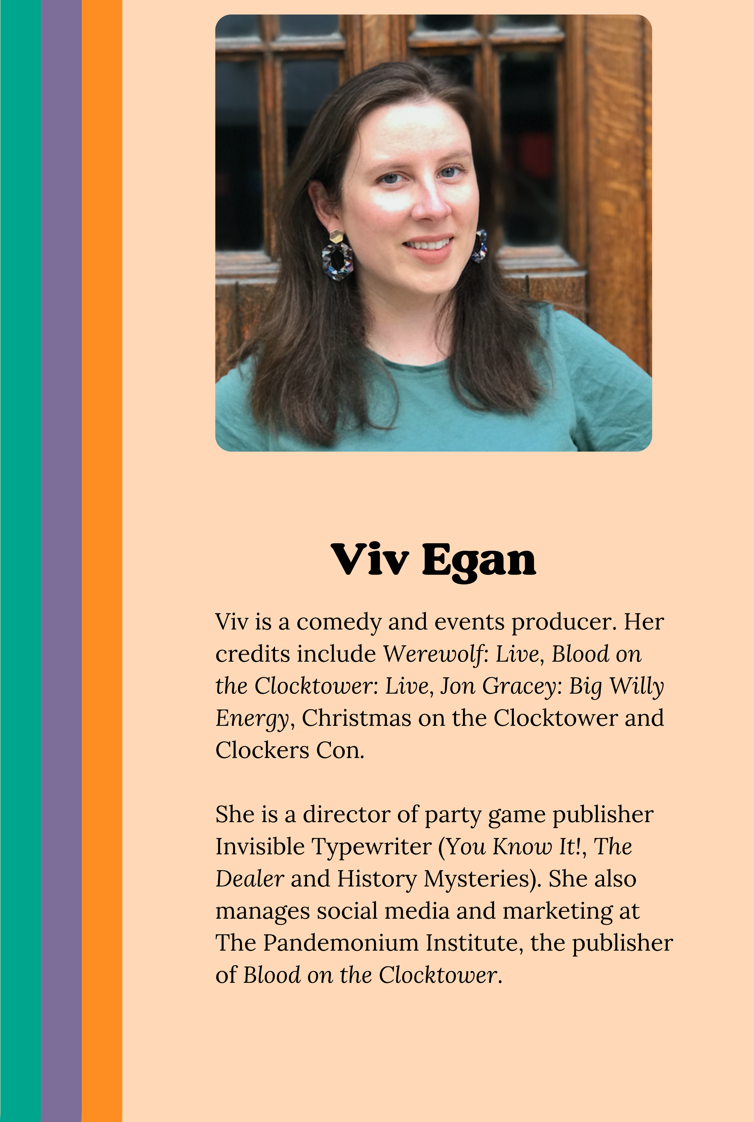 Viv Egan, producer with invisible type writer with long dark hair, blue eyes, wearing large earrings and a teal shirt, smiling in front of a wooden window.