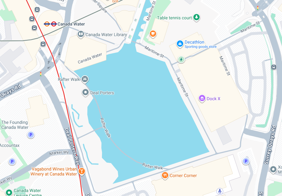 Map showing Canada Water area with landmarks and streets including Quays Road, Surrey Quays Road, Rafter Walk, and Maritime Street. Notable locations include Canada Water Library, Decathlon sporting goods store, Dock X, Table tennis court, and various parking areas.