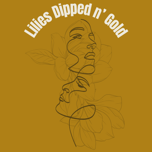 Design featuring the phrase "Littles Dipped n Gold," a continuous line drawing of a woman's face intertwined with large flower petals on a gold background.