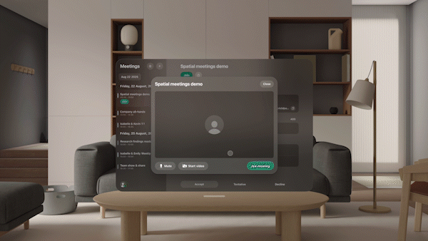 3D spatial video frame directed by ST Davis for Cisco Webex on Apple Vision Pro — virtual meeting interface overlaid in a modern living room, captured in stereoscopic spatial video`