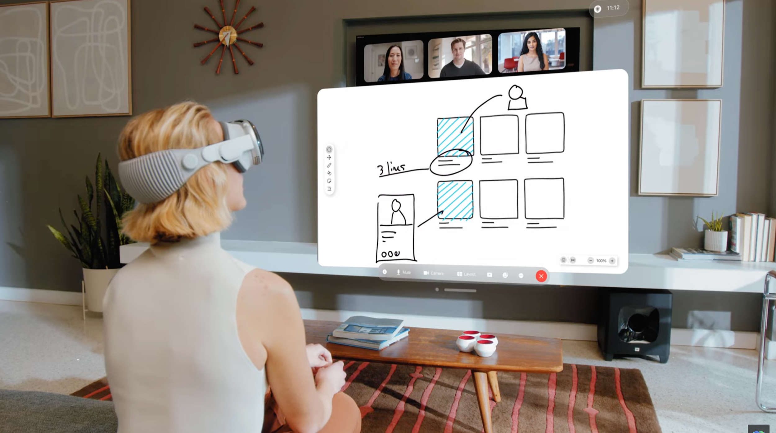 Cisco Webex spatial video campaign directed by ST Davis — woman using Apple Vision Pro for a video conference and whiteboard collaboration in a modern living room