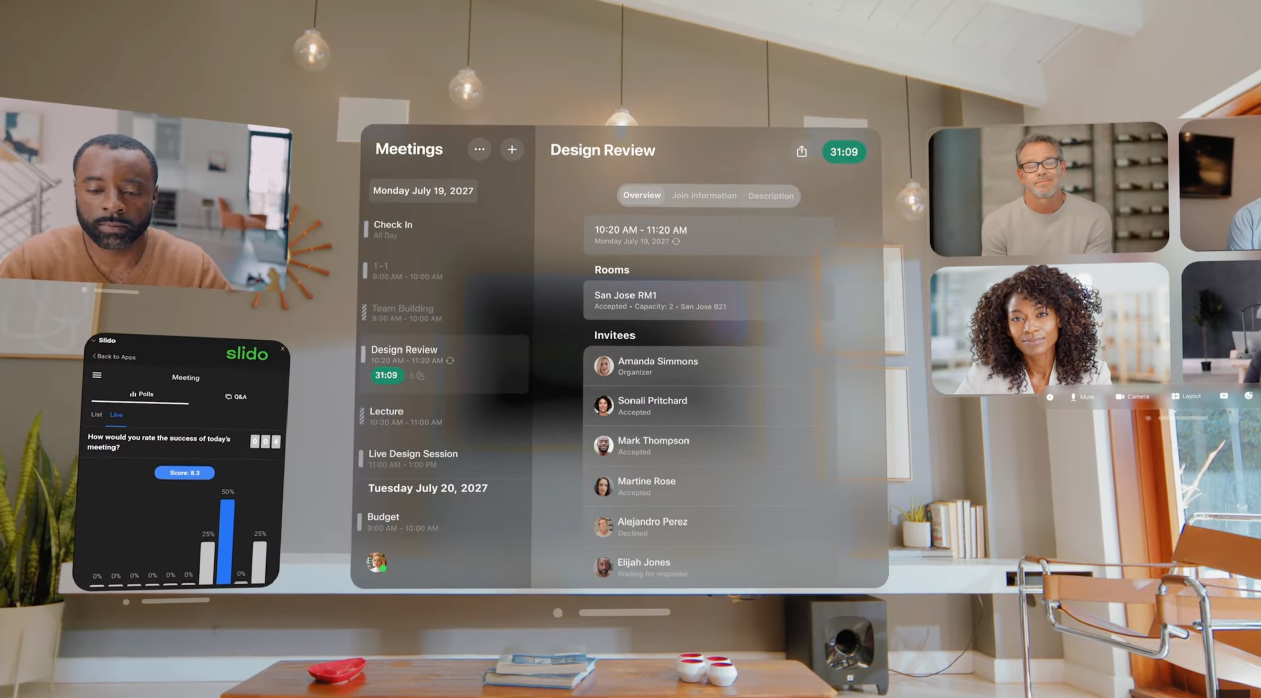 Spatial video frame directed by ST Davis for Cisco Webex on Apple Vision Pro — immersive virtual meeting with floating participant windows and shared agenda in a bright home office