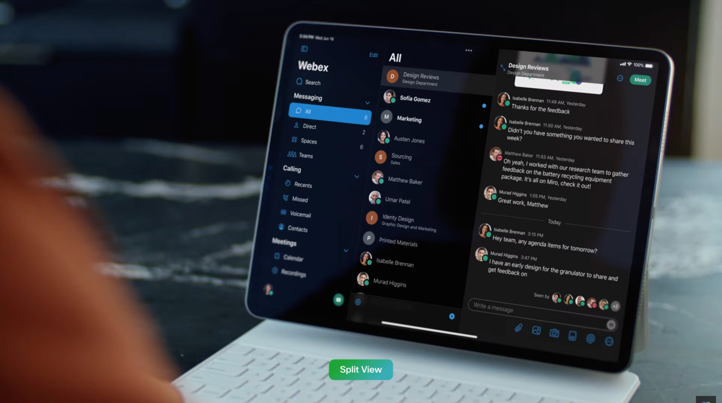 Product photography directed by ST Davis for Apple — iPad displaying messaging interface on a wireless keyboard case in a dark workspace
