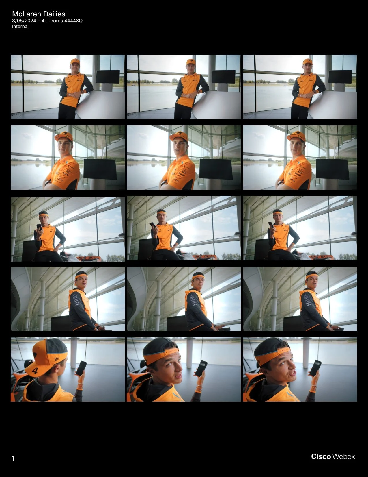 McLaren F1 campaign directed by ST Davis for Cisco Webex — wide shot of the McLaren facility with Webex conferencing hardware and team branding