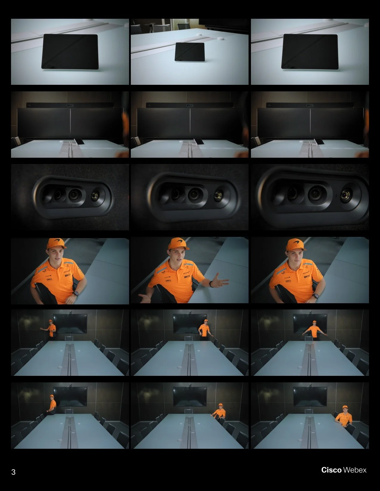 Behind the scenes of Cisco Webex x McLaren commercial by ST Davis — production stills featuring F1 drivers and Webex device setup in a professional environment