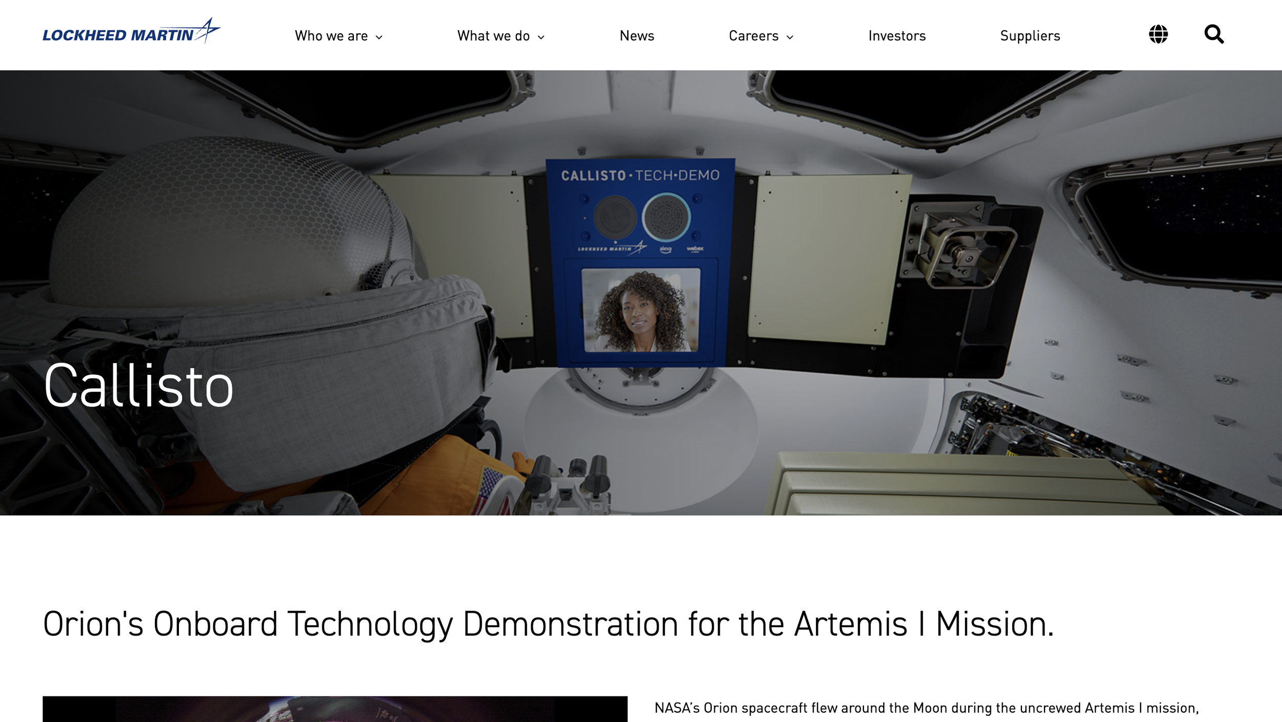 Photography by ST Davis featured on Lockheed Martin's Callisto page — Webex video display inside the Orion spacecraft on NASA's Artemis I mission