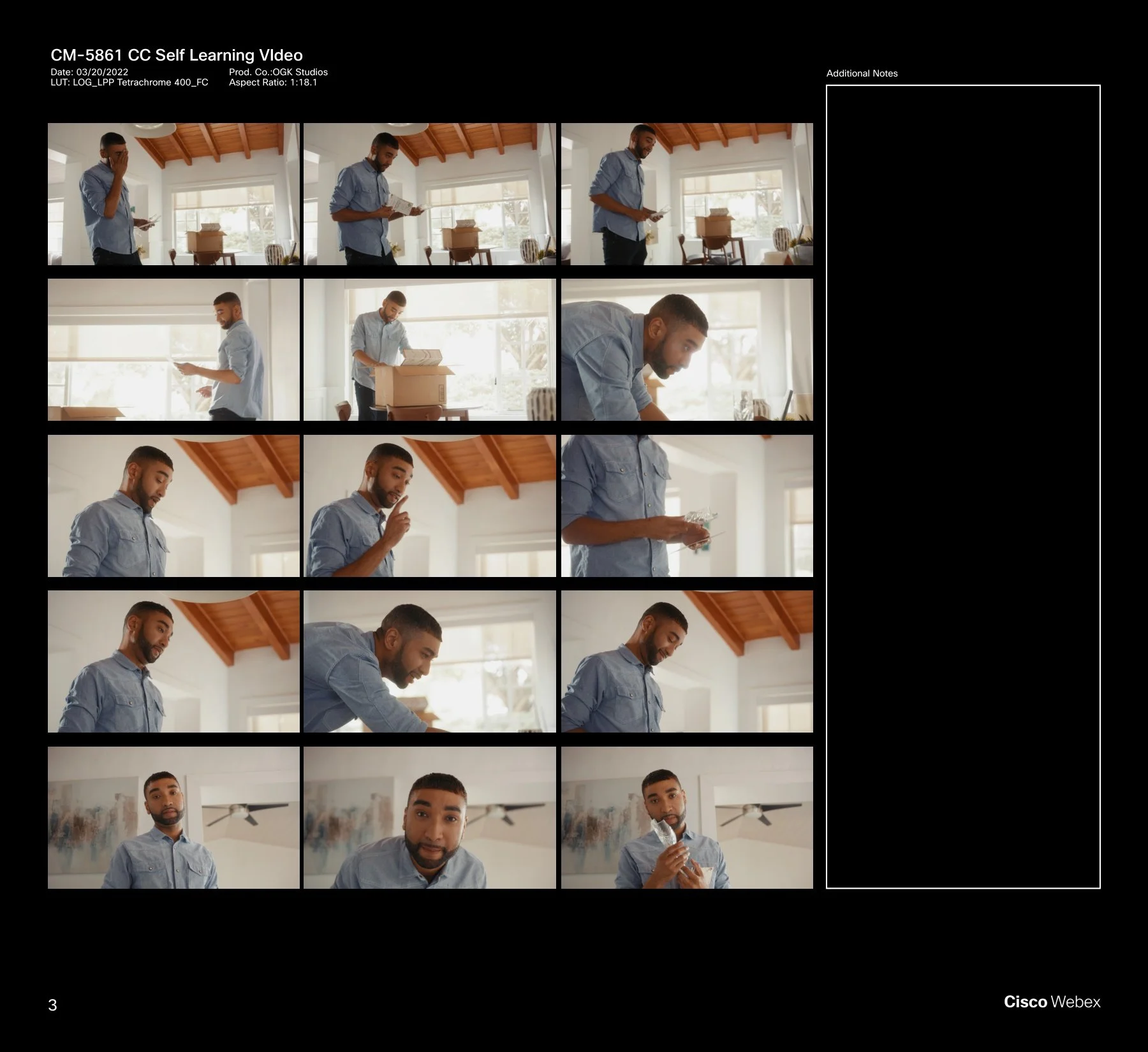 Cisco Webex commercial directed by ST Davis — man unboxing and examining product in a naturally lit room with modern decor