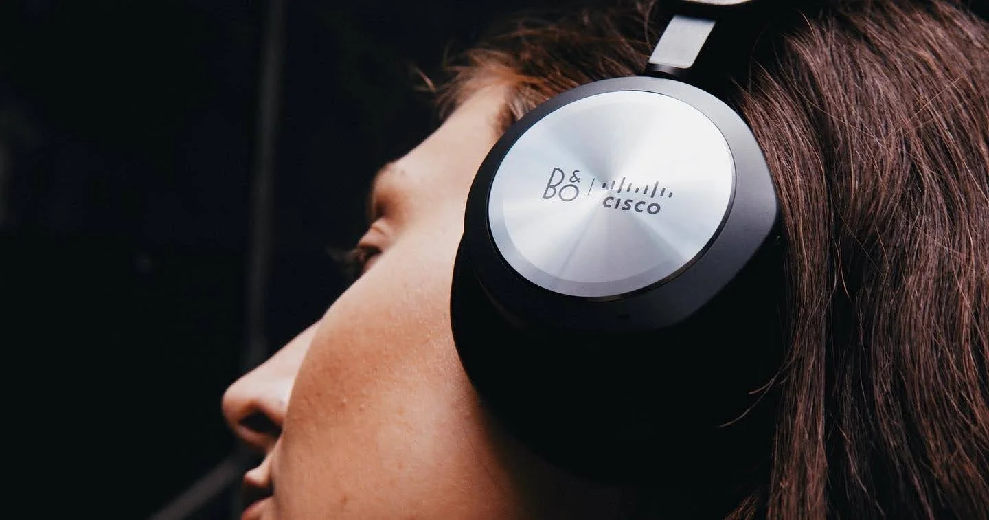 Close-up product photography by ST Davis for Bang & Olufsen x Cisco — detail shot of the B&O Cisco over-ear headphones worn in profile