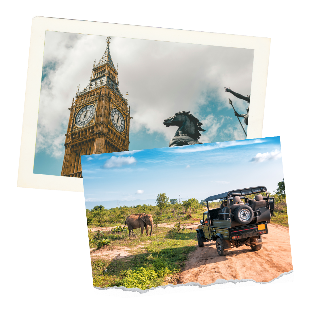 Photos of Big Ben in London, England, and a safari vehicle with an elephant in a natural landscape.