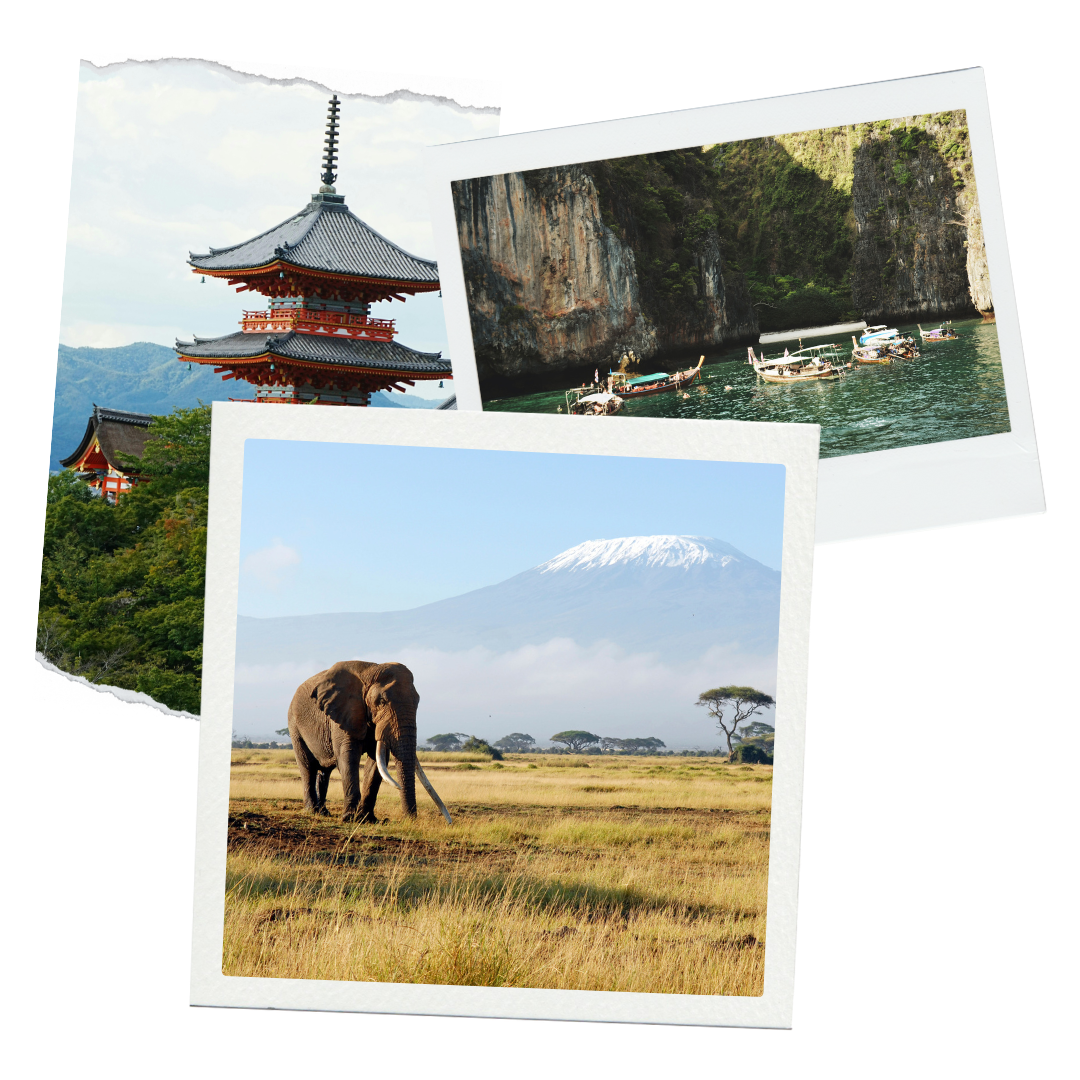 A collage of travel photos including a traditional Japanese pagoda, a scenic coastal area with boats, and an African landscape with an elephant and Mount Kilimanjaro in the background.