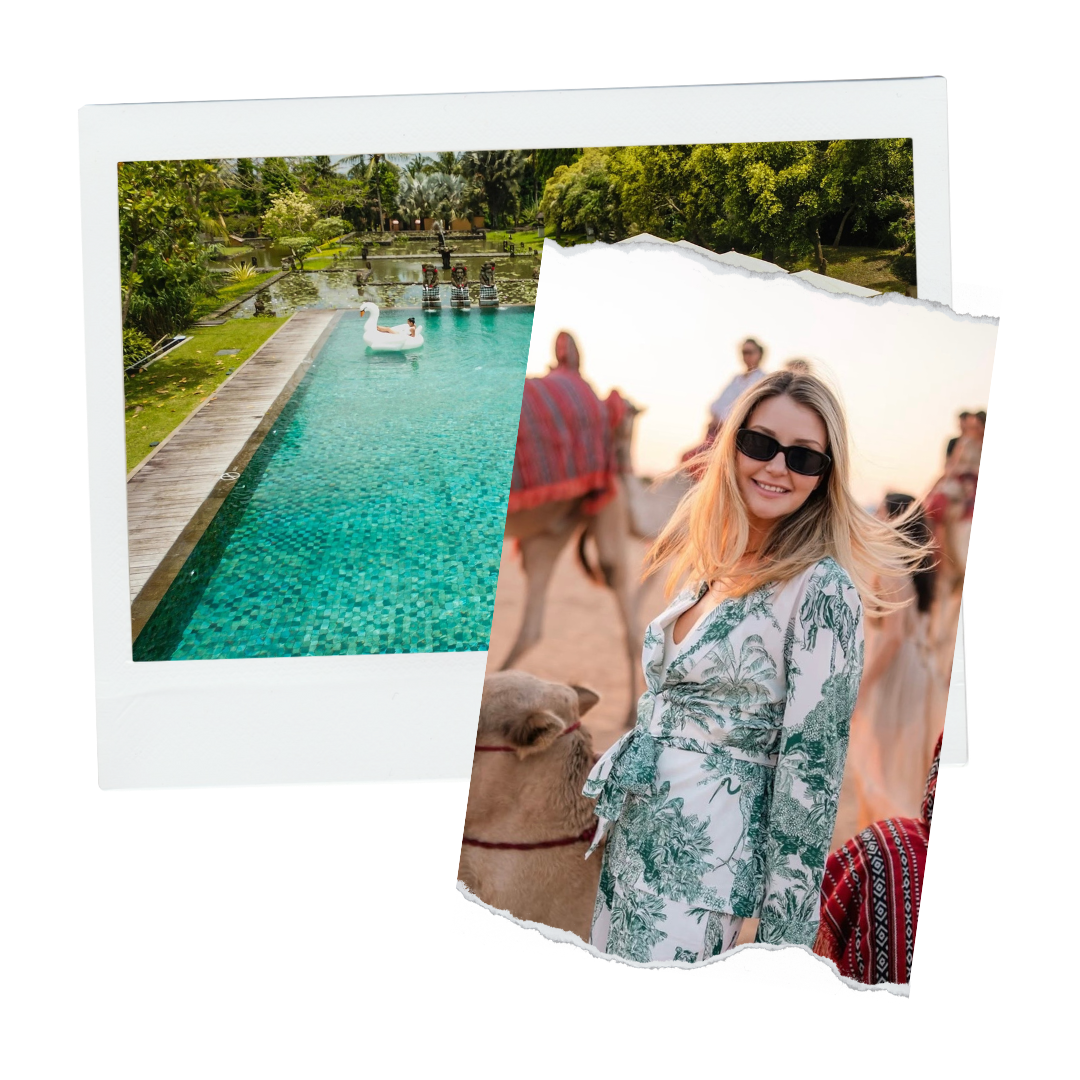 Split photo collage with one side showing a swimming pool with an inflatable swan and lush greenery, and the other side showing a smiling woman with sunglasses at an outdoor event, with camel rides in the background.