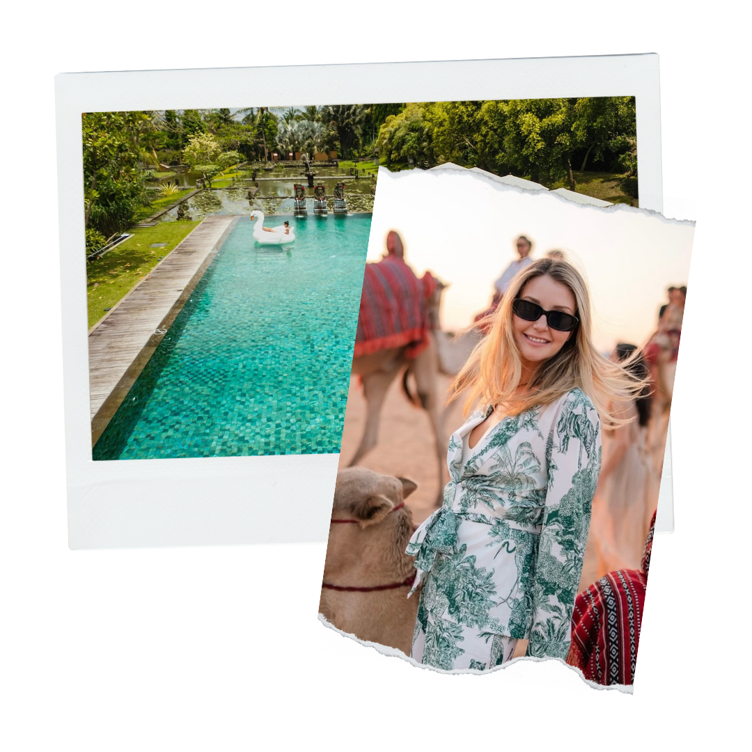 Split photo collage with one side showing a swimming pool with an inflatable swan and lush greenery, and the other side showing a smiling woman with sunglasses at an outdoor event, with camel rides in the background.