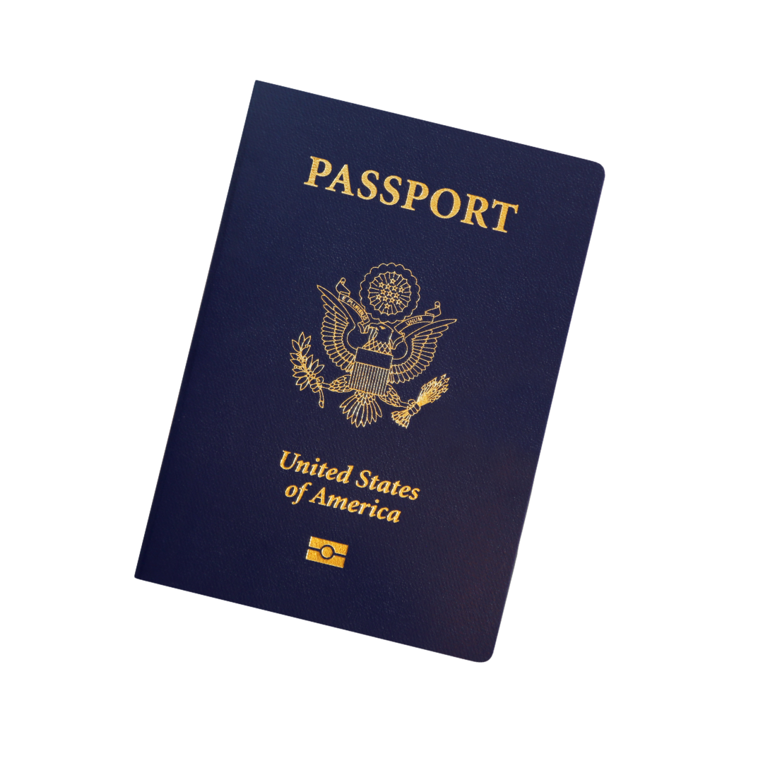 A U.S. passport with a navy blue cover, the emblem of the United States, and gold lettering that reads 'PASSPORT' and 'United States of America'.