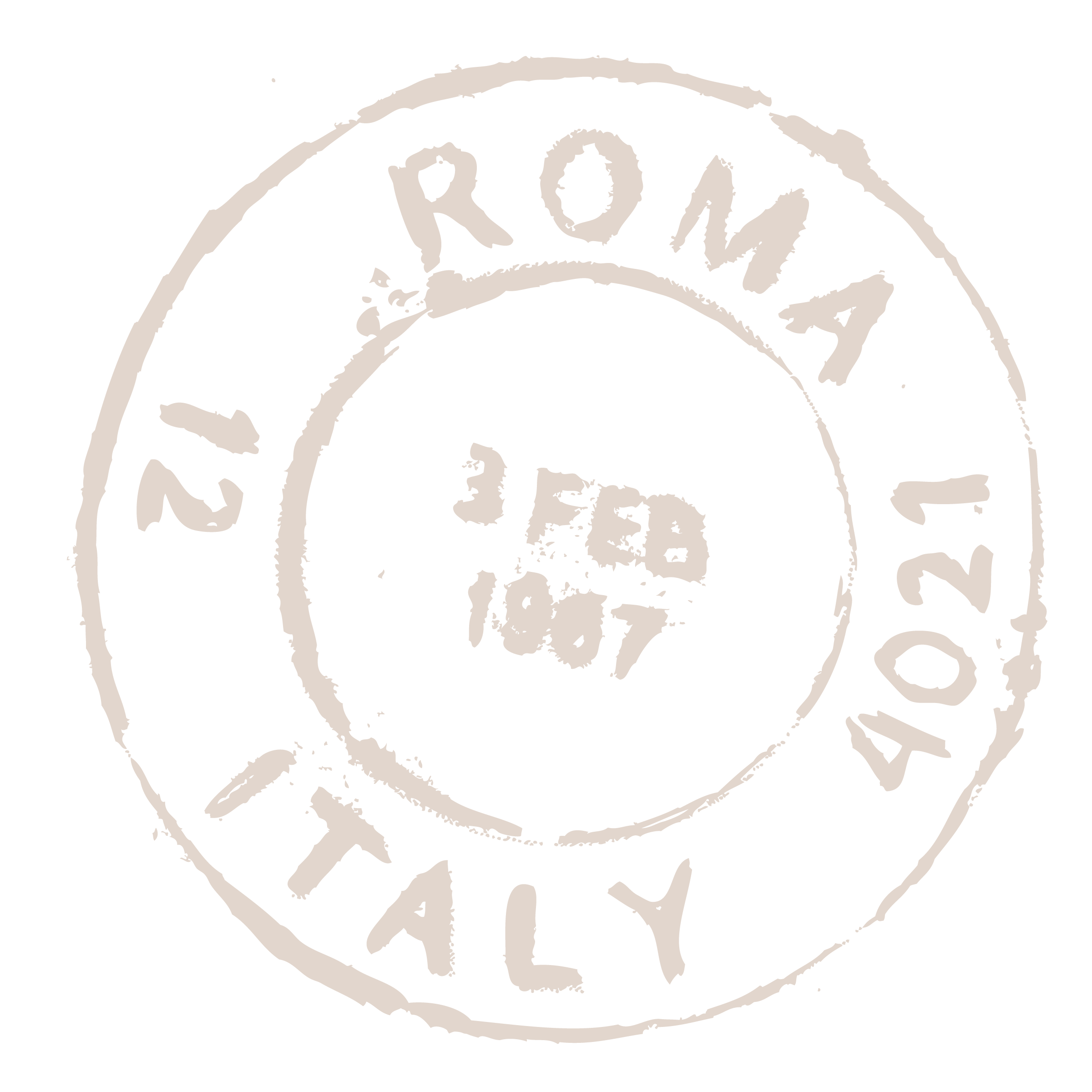 A circular stamp with the text 'ITAIY' at the bottom, '12 ROMA' at the top, and the date '3 FEB 1087' in the center on a black background.