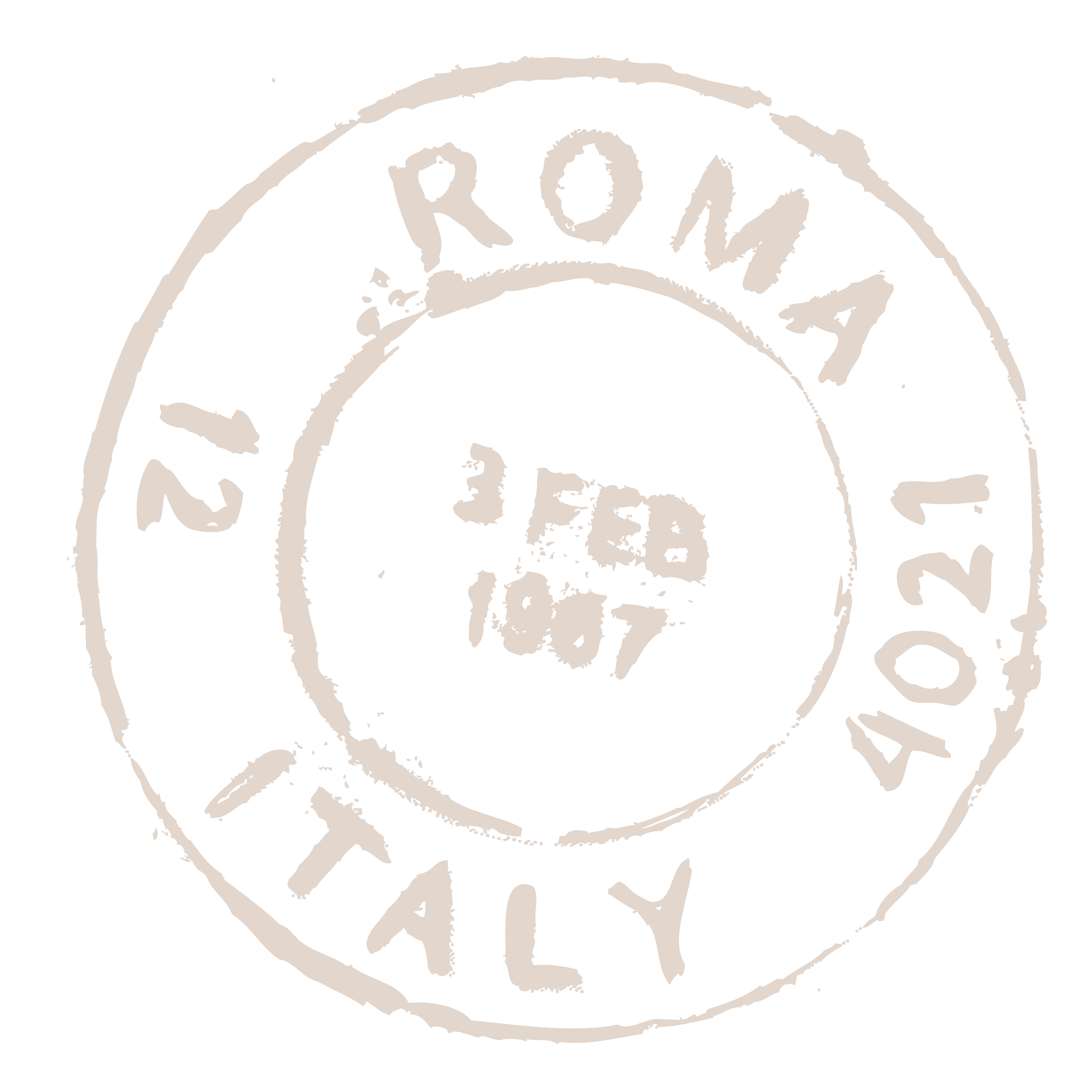 A circular stamp with the text 'ITAIY' at the bottom, '12 ROMA' at the top, and the date '3 FEB 1087' in the center on a black background.