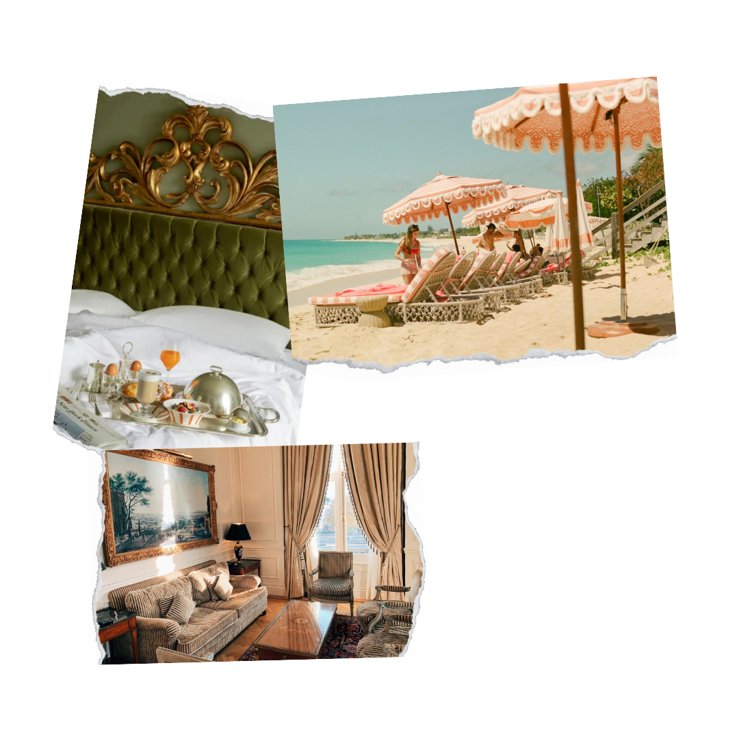 Collage of three images: a luxurious bedroom with an ornate headboard and breakfast tray, a sunny beach scene with pink umbrellas and lounge chairs, and an elegant living room with a sofa, curtains, and framed artwork.