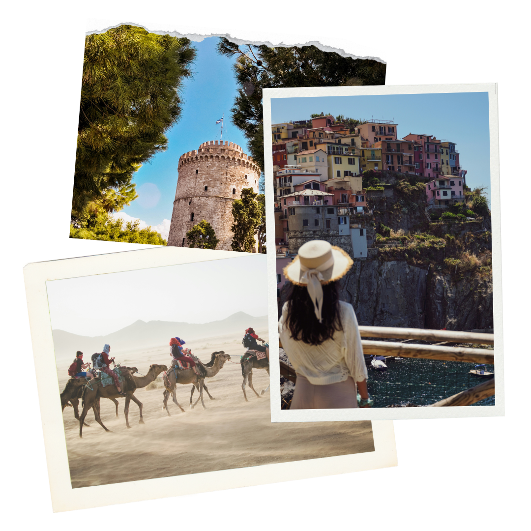 Collage of three travel photographs: a castle tower surrounded by green trees under a blue sky, a woman with a hat looking at colorful hillside houses built on a cliff, and a group of people riding camels across a desert.
