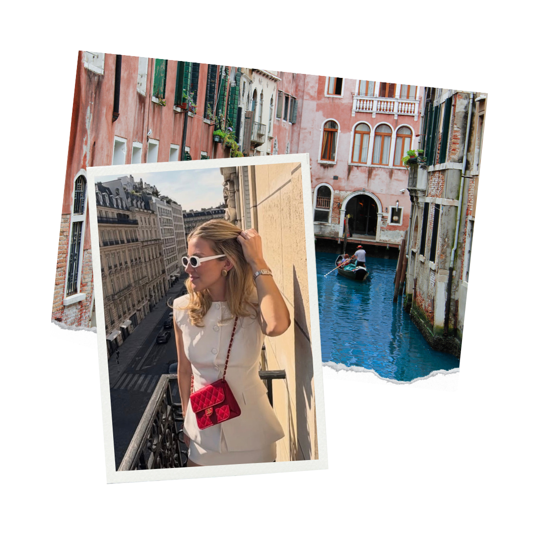 Image of a woman with blonde hair wearing sunglasses and a white outfit, holding a red quilted handbag, standing on a balcony overlooking city streets. Behind her, a collage of Venice canal scenes with colorful buildings and a gondola.
