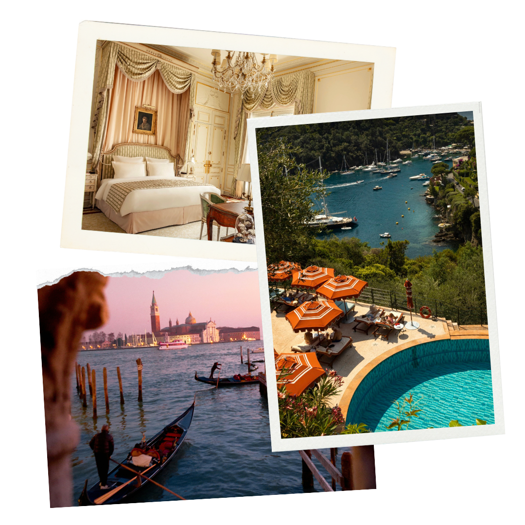Collage of travel scenes including a luxurious hotel room, a boat in a canal with historic buildings, a view of a marina with sailboats, and a swimming pool area with orange umbrellas.