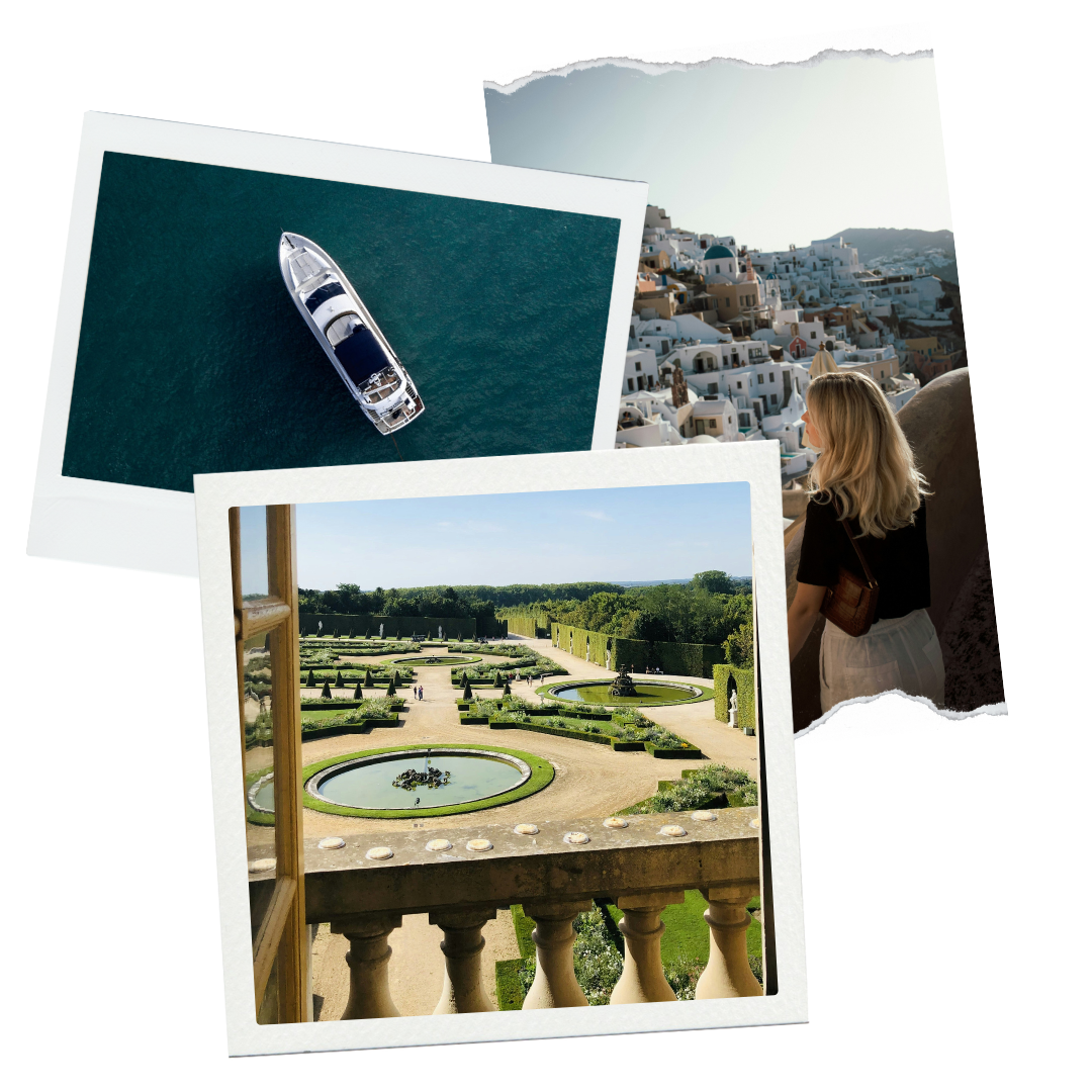 A collage of travel photos: a yacht on the water, a woman looking over a white hillside town, and a view from a balcony of a formal garden with fountains and greenery.