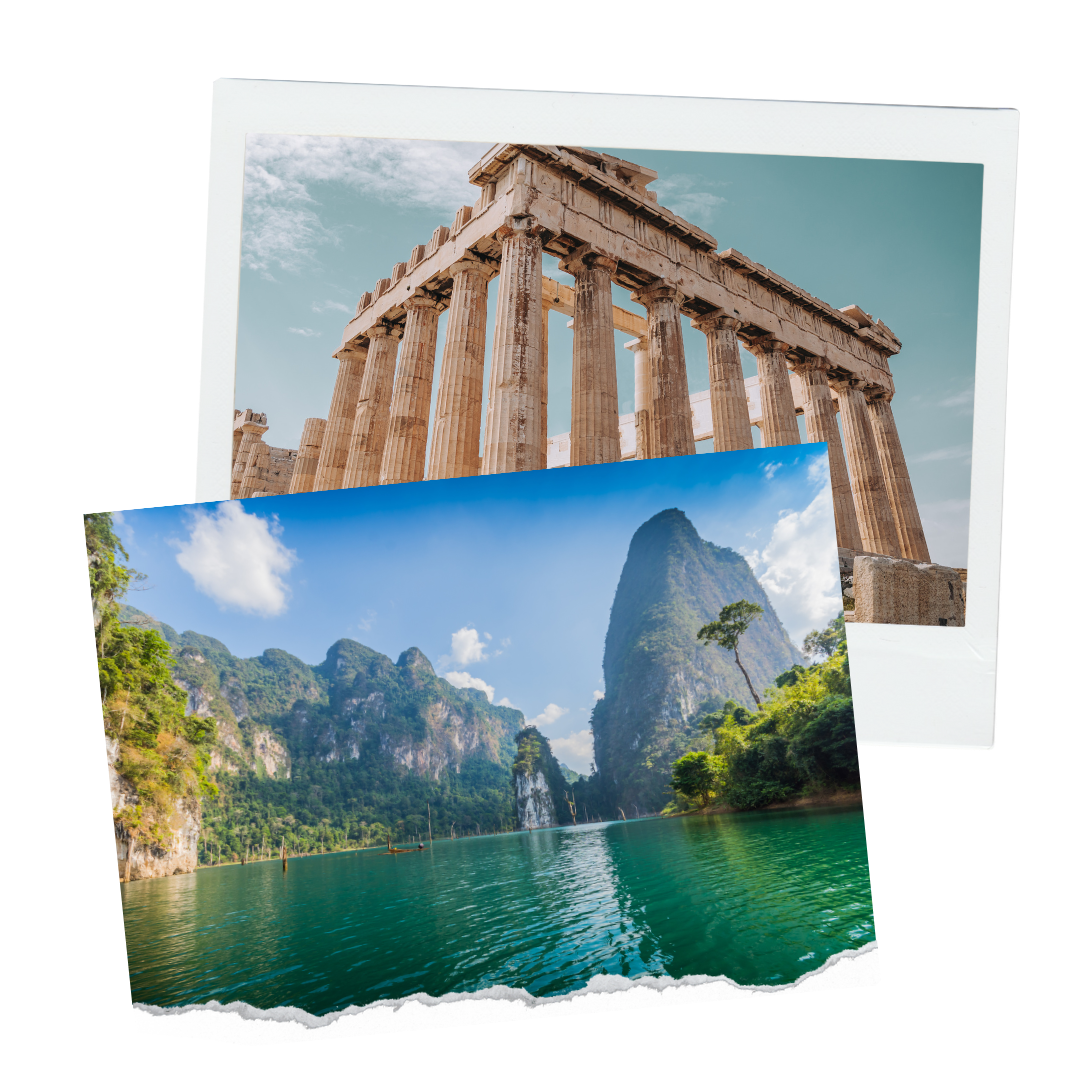 Two overlapping photographs, one of the ancient Parthenon temple in Athens, Greece, and the other of scenic limestone karsts and a river in a tropical location.