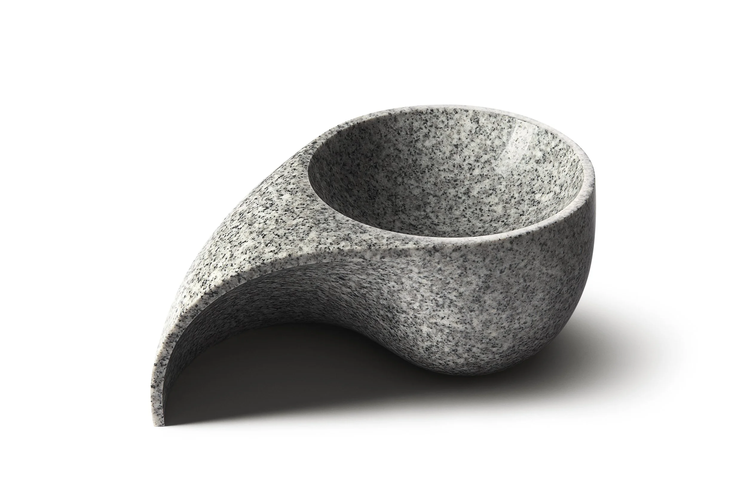 A modern, abstract sculpture with a textured, speckled gray surface, consisting of curved, tubular shapes with a hole through one of the forms, set against a plain white background.