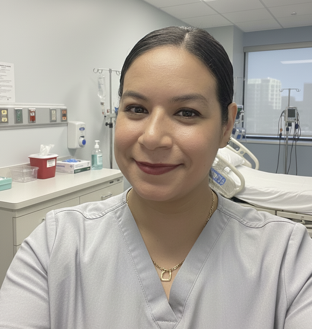 A nurse taking a selfie in a hospital room, smiling. Medical equipment and a hospital bed are visible in the background.