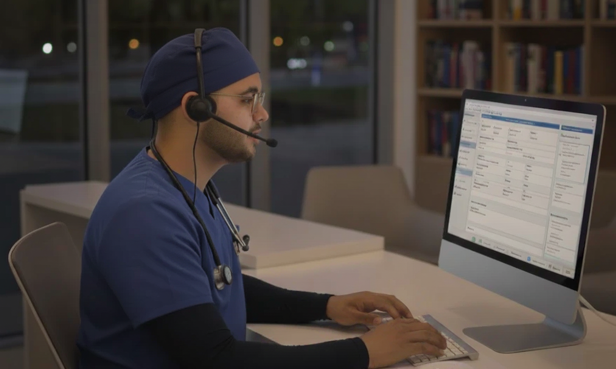 A healthcare professional in blue scrubs and a navy scrub cap working on a computer in a medical office or hospital.