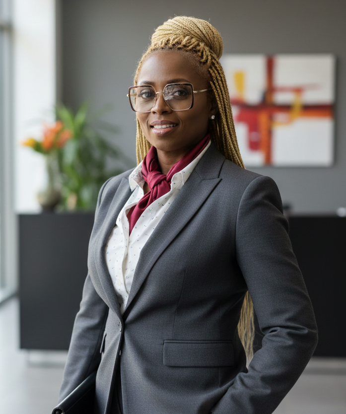 Businesswoman in gray suit and glasses standing in office with abstract artwork and plant in background.