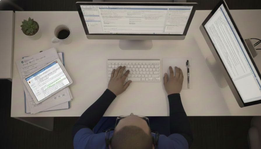 Overhead view of a person working at a white desk with two computer monitors, a keyboard, a tablet, a pen, a small plant, and a cup of coffee.