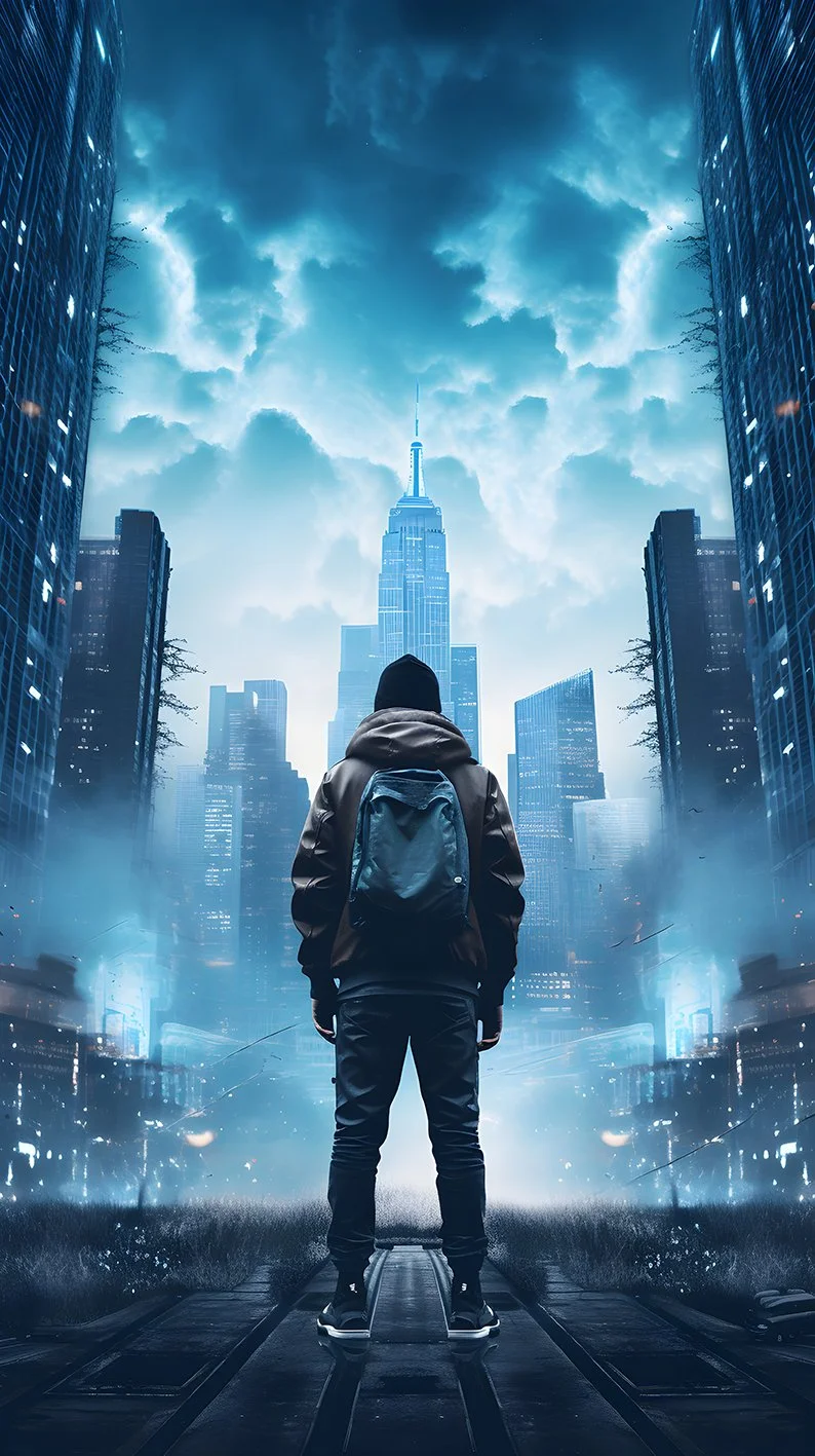 A person wearing a hoodie and a backpack standing on a city street in front of tall skyscrapers, with a dramatic cloudy sky overhead and a city in the distance.