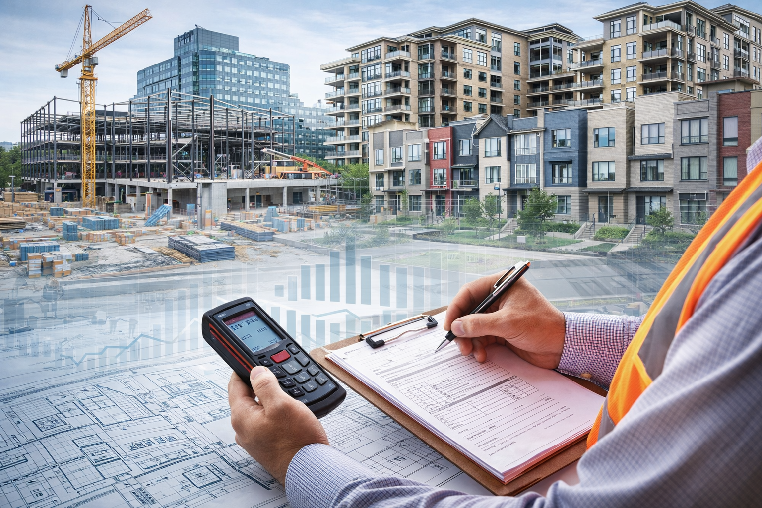 A person in a safety vest and dress shirt holds a clipboard and calculator while reviewing architectural blueprints at a construction site with residential buildings and construction cranes in the background.