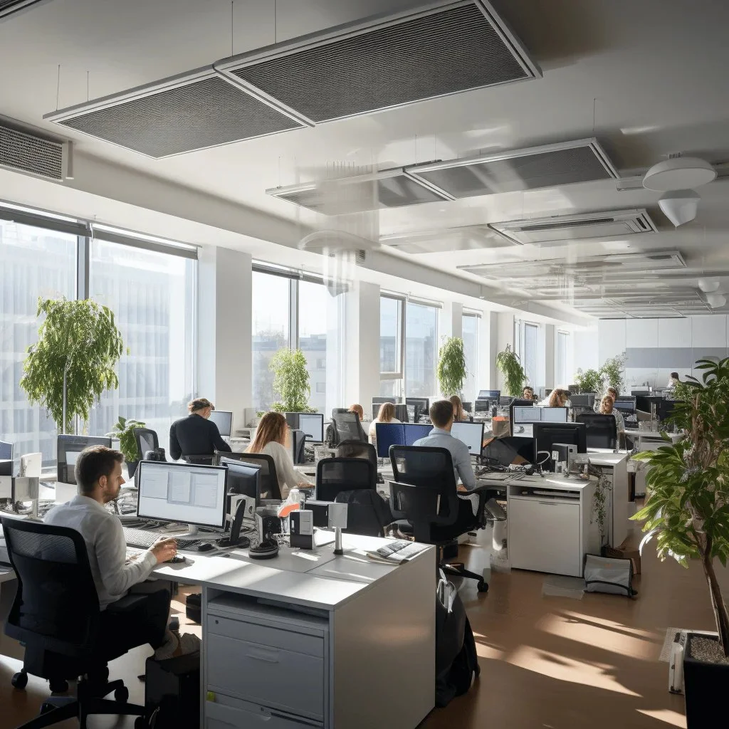 Open office with employees working at desks, large windows, plants, and overhead air conditioning units.