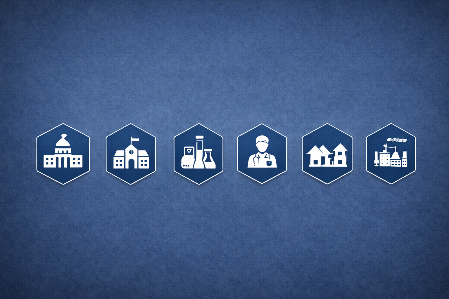 Icons representing government, school, science, healthcare, residential houses, and industry on a blue background.