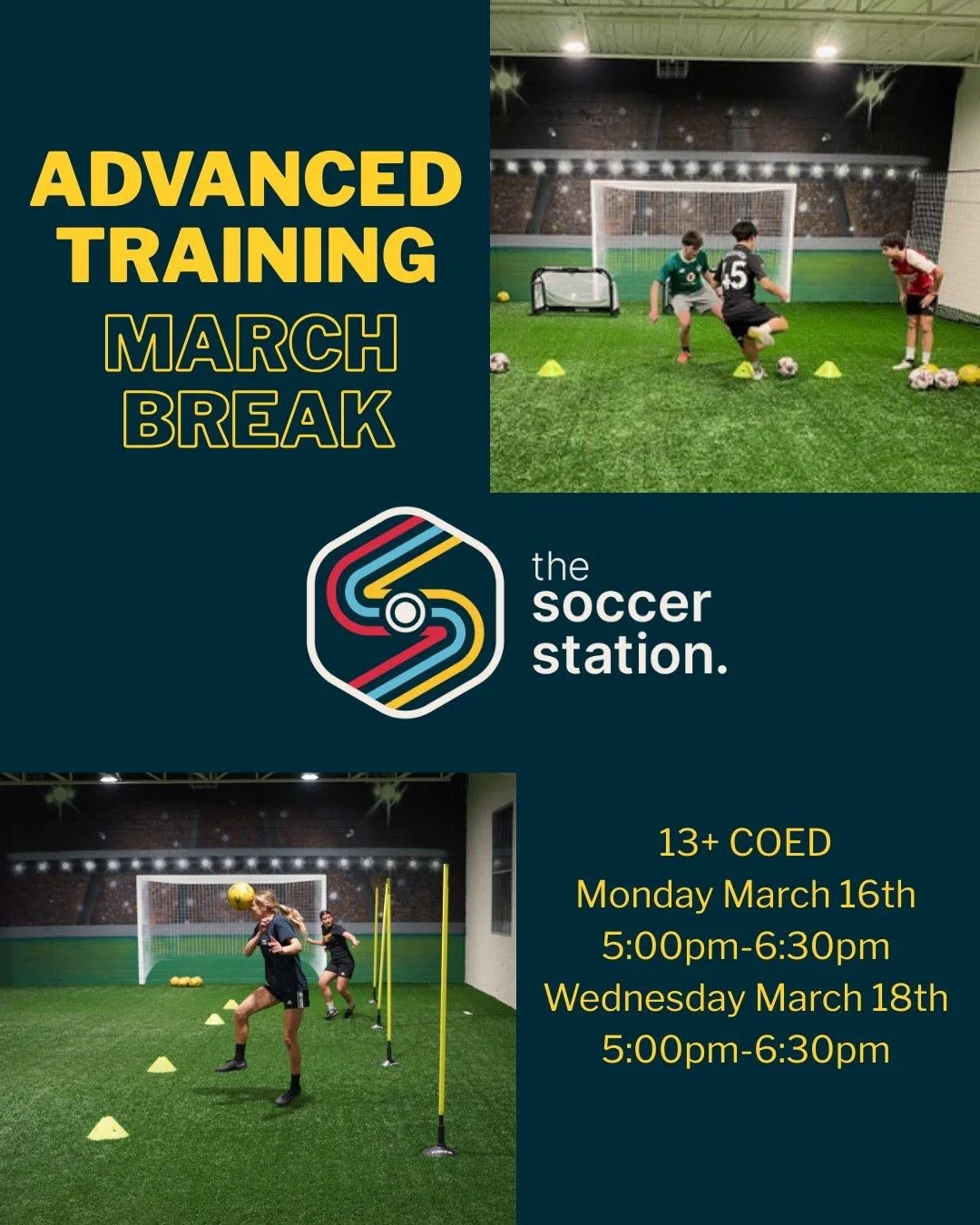Looking for a way to keep up your training over March break?
Monday and Wednesday at the soccer station ~ Advanced training session, 13+, coed

Our March Break program is designed to give players a high‑energy, high‑quality training experience that b