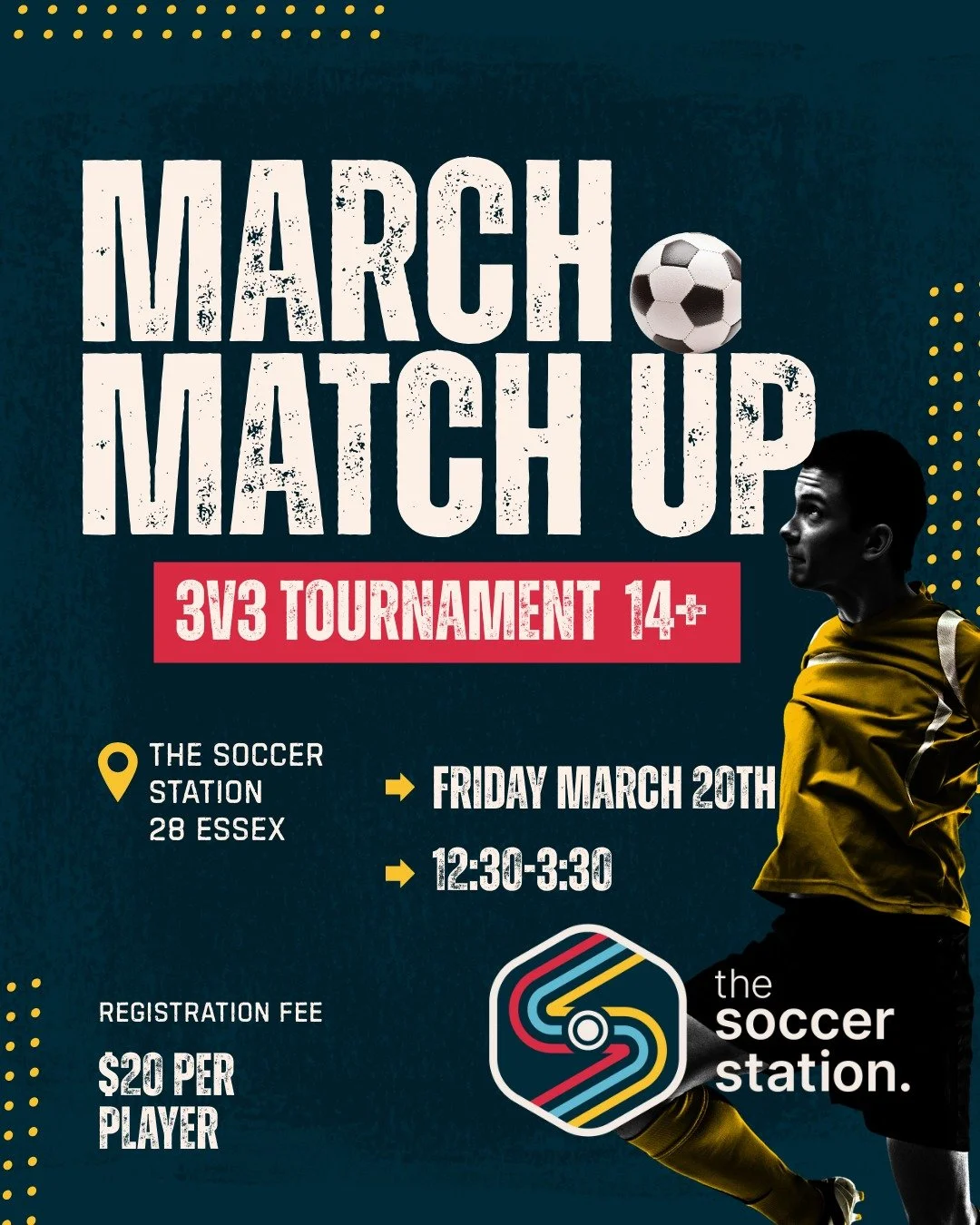 March Match-up

A coed 3v3 tournament at The Soccer Station is a fast‑paced, small‑sided event where players compete in teams of three rotating in and out to keep the games energetic and engaging. The format is designed to give every player more touc