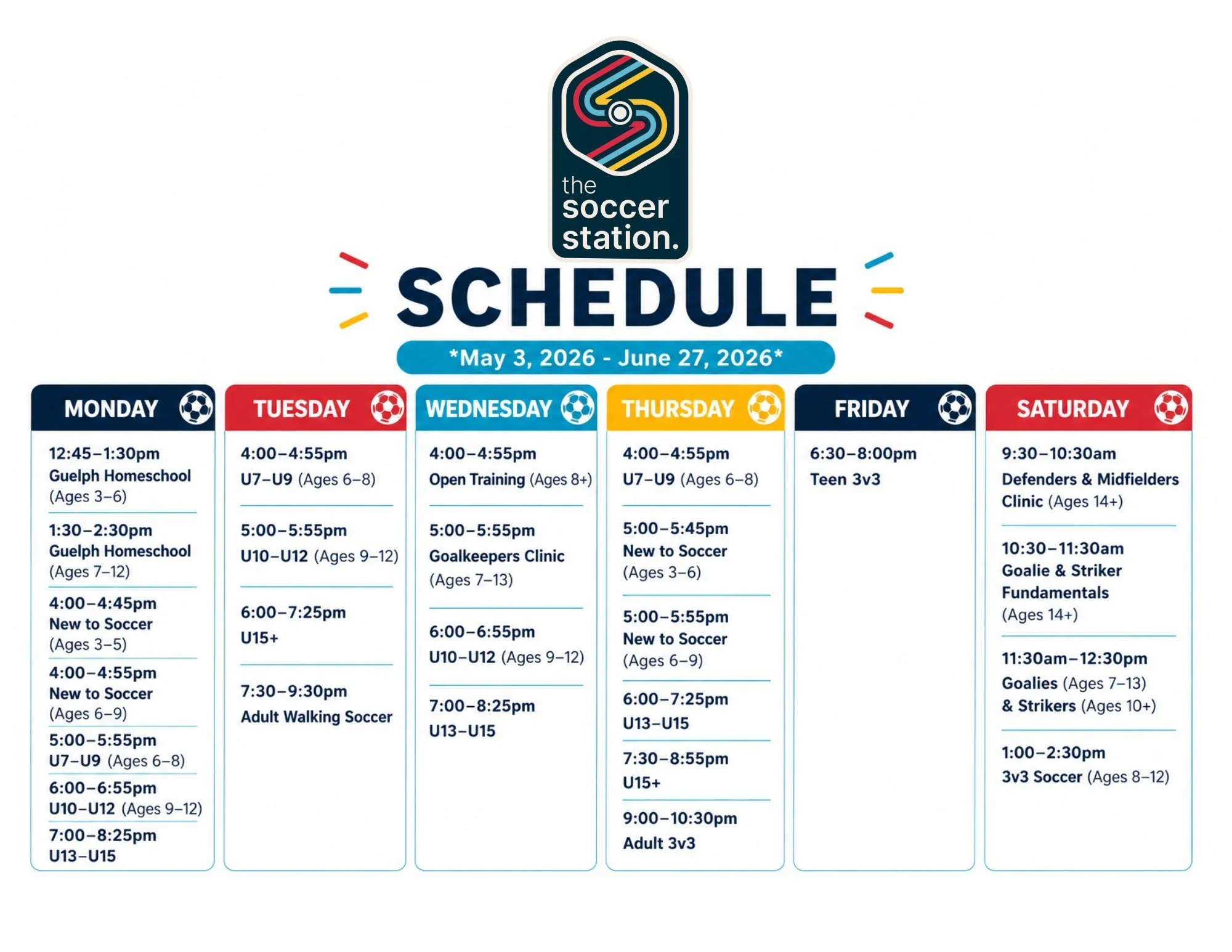 May/June Schedule.

Lots of flexibility to help you get your touches in!
Head to our website for all the details and to book your training!

Wether you are soccer curious and new to the game or looking to up your game for the outdoor season there is 