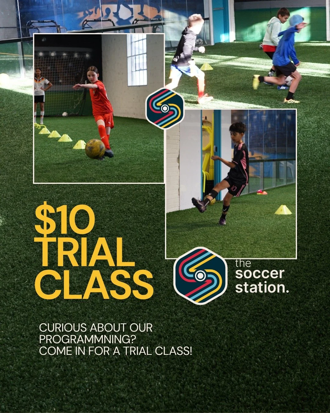 Curious about our programming?
Come in for a $10 trial*!
Pick the class you are interested in trying and use the corresponding promo code:

NEWTOSOCCER10 -  for &ldquo;New to soccer&rdquo; classes

onehour10 -  for any 1 hour session

90minutes10 -  