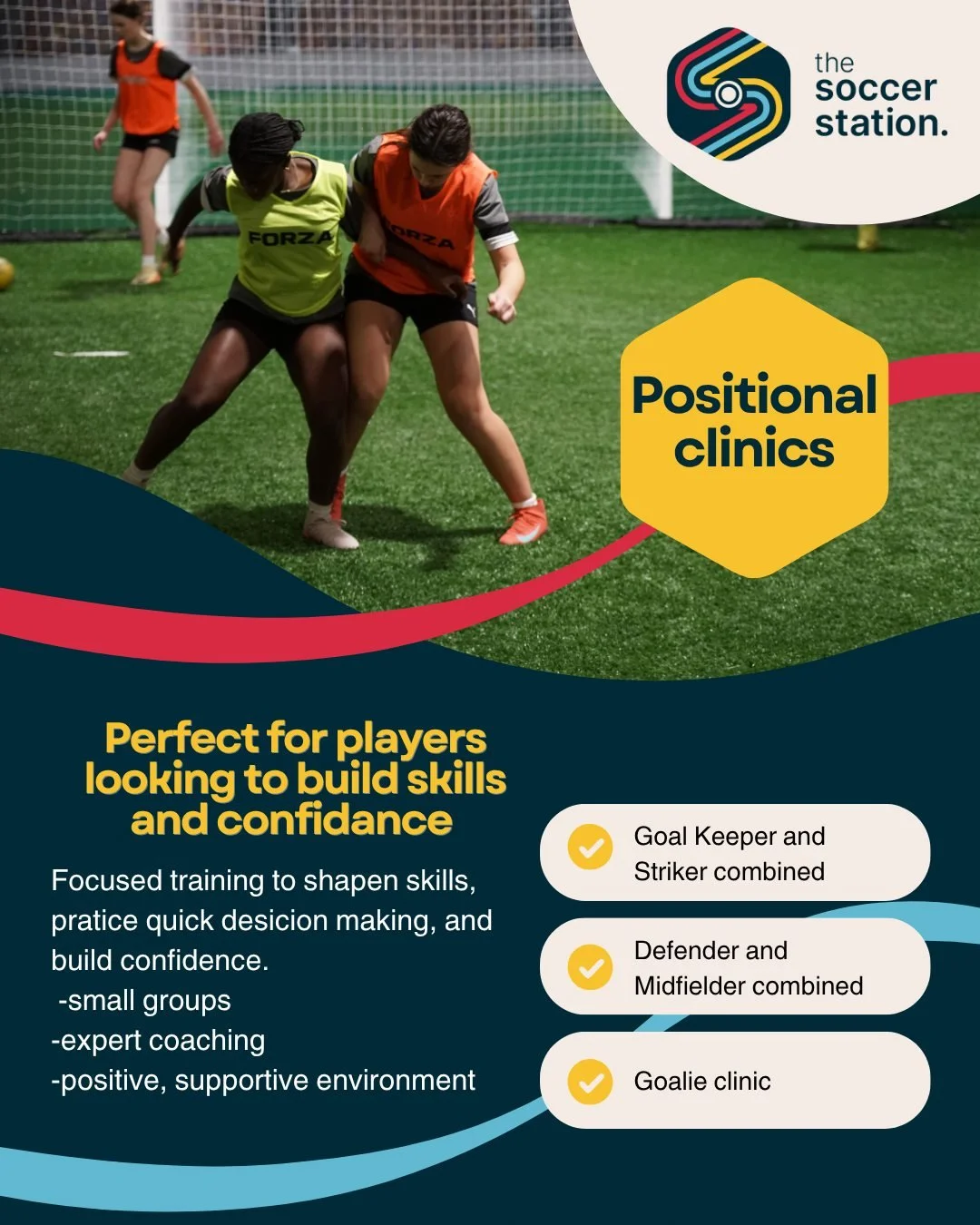 You asked we delivered.
You wanted some additional positional clinics and we have them for you!

⚽☀️May/June Session☀️⚽

🥅Wednesday | 5:00-5:55pm | Goalie only 

⚽Saturday | 9:30a-10:30a Defenders &amp; Midfielders Combined Clinic  14+

🥅⚽Saturday 