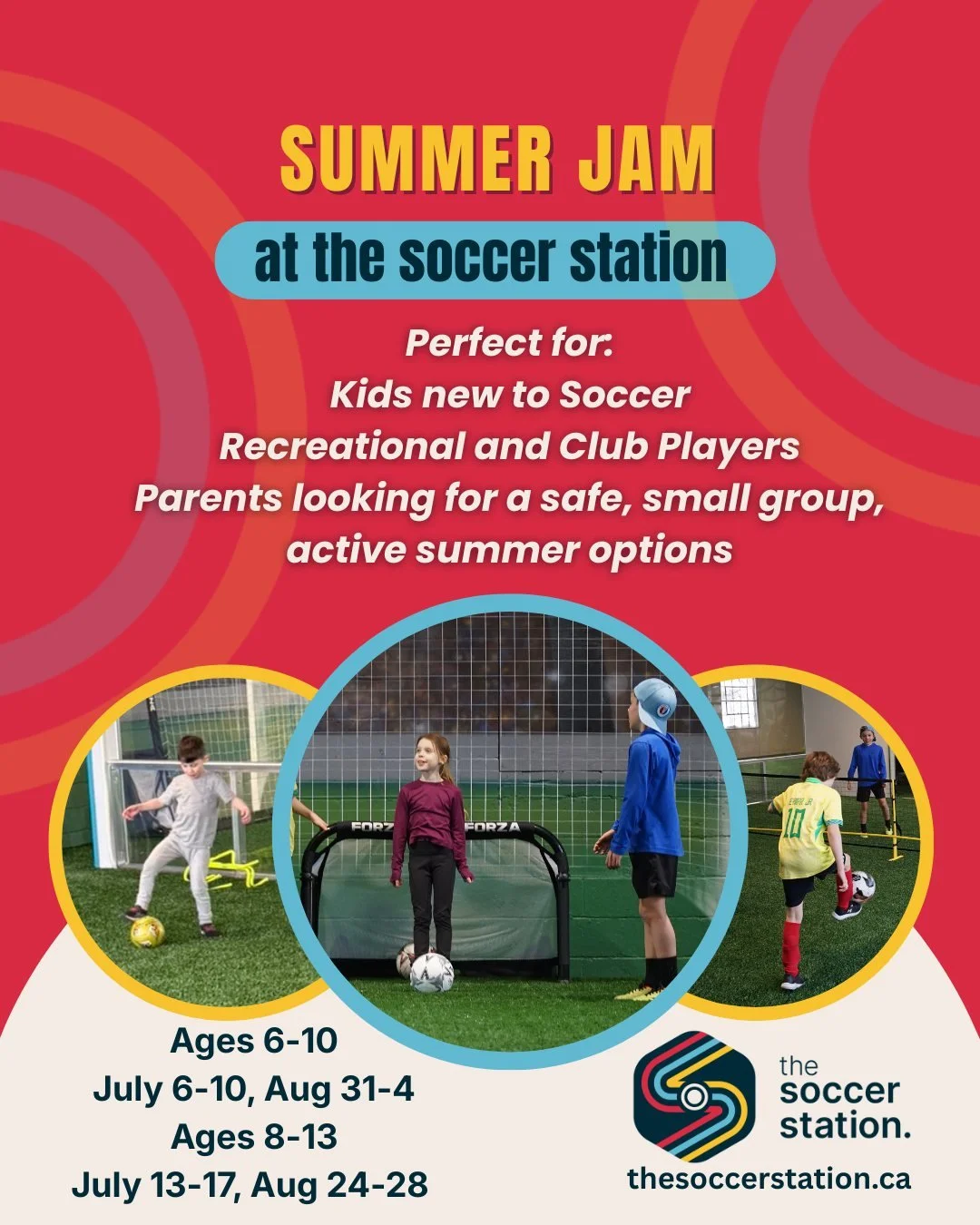 We still have some space in our Summer camps!
Summer Jam is perfect for kids new to soccer and rec and club player looking for a fun full day summer camp!

⚽Ages 6-10
July 6-10, Aug 31-4
⚽Ages 8-13
July 13-17, Aug 24-28

Head to our website to learn 